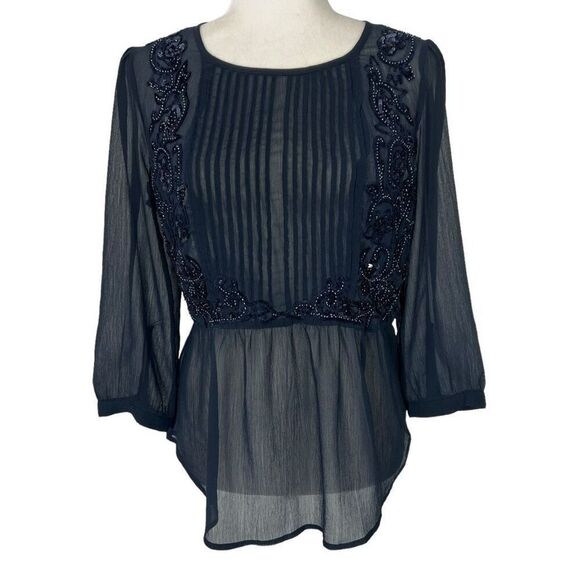 Anthropologie Maeve Helene Blouse in Navy Size Small 4 w Embellished Sequin Pepl - Picture 1 of 12